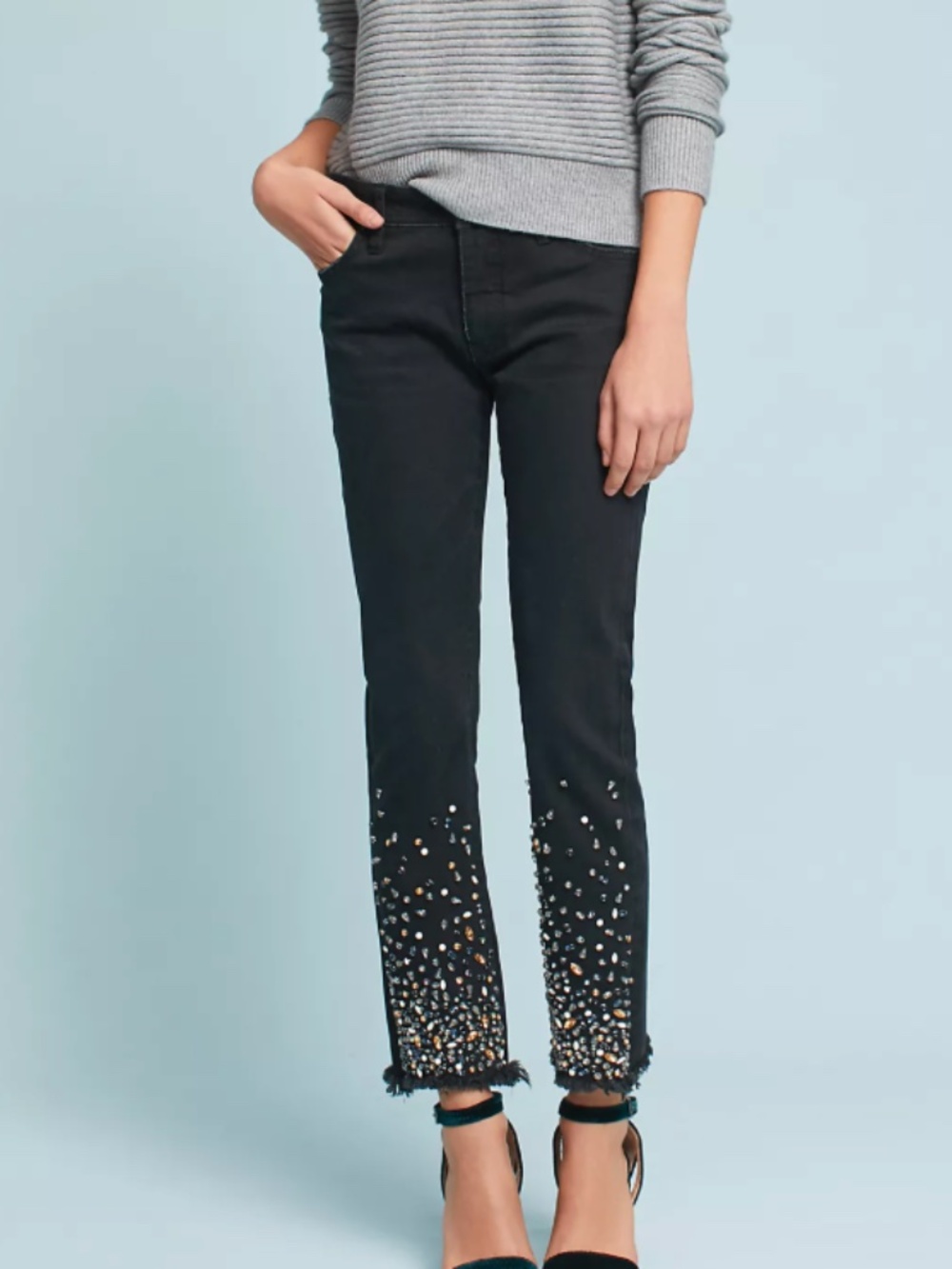 Anthropologie Pilcro  Embellished  Mid-Rise Slim Straight Jeans in Black